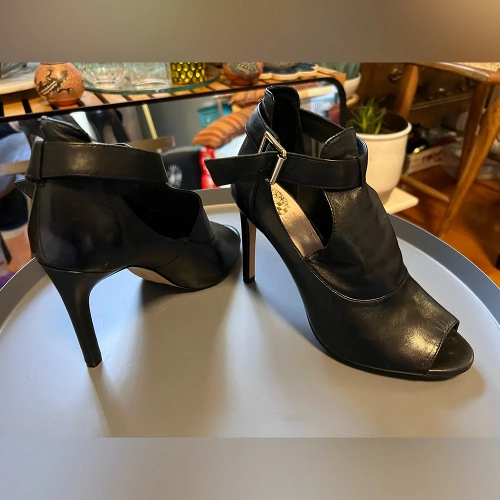 Vince Camuto Black Leather Peep-Toe Ankle-Strap Stilettos - Picture 4 of 16